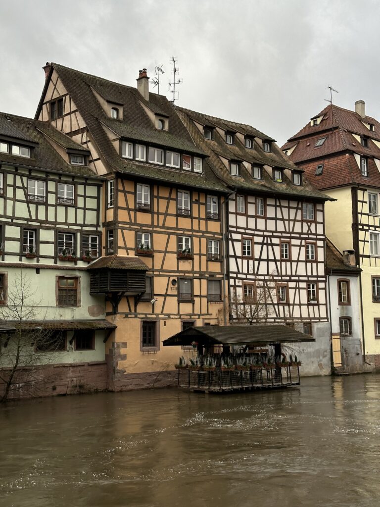 Historic half-timbered houses along the water in Petite France, Strasbourg