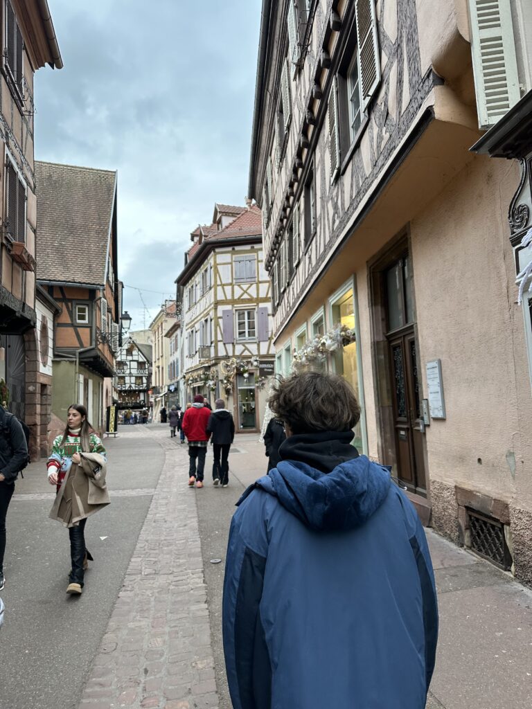 Visitors walking along a narrow street lined with half-timbered houses in Petite France, Strasbourg