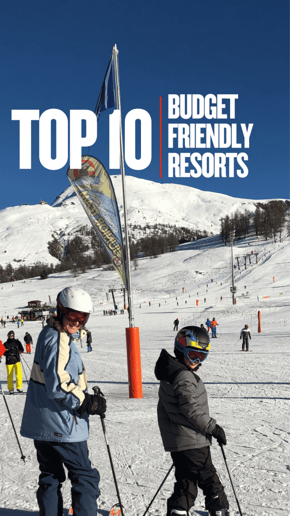 Two skiers posing on the slopes of a budget-friendly ski resort in Europe, with snow-covered mountains and ski lifts in the background. Text overlay reads 'Top 10 Budget-Friendly Resorts.