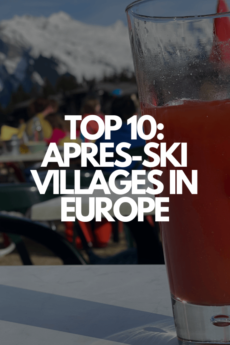 A cocktail served at a mountain bar, set against a snowy alpine backdrop, capturing the essence of après-ski culture for a 'Top 10 Après-Ski' feature.