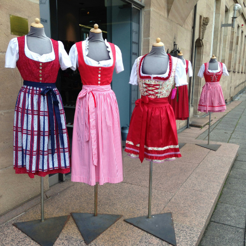 Dirndls on display outside a shop in Munich during Oktoberfest