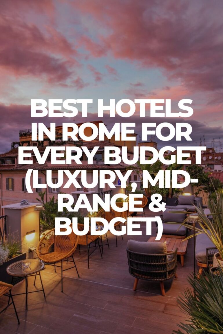 Rooftop terrace in Rome at sunset with lounge seating and city views