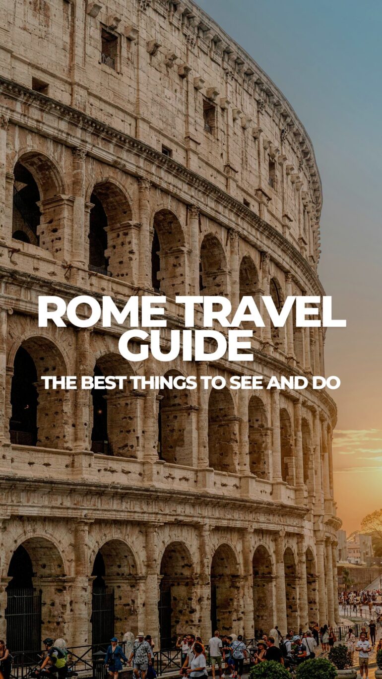 Colosseum in Rome at sunset with crowds at the base