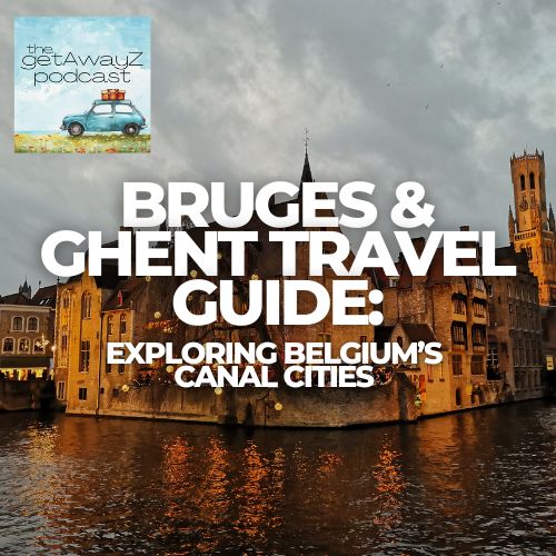 Bruges canal view at sunset with historic buildings and Belfry tower used as the cover for the Bruges and Ghent travel podcast episode.