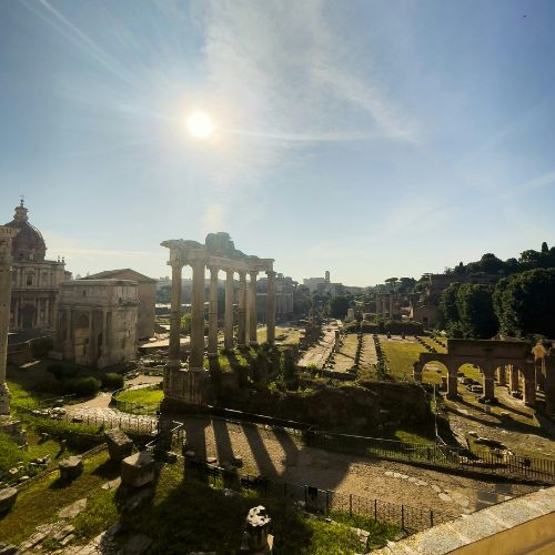 Roman Forum ruins at sunrise in Rome