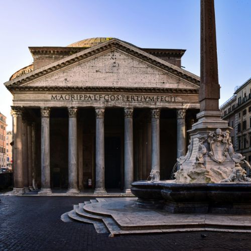 Pantheon exterior with columns and fountain in Rome