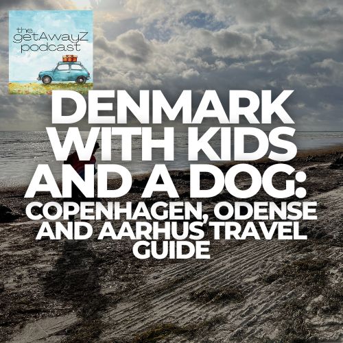Square cover image for Denmark travel podcast with Copenhagen or coastal photo and the getAwayZ podcast logo.