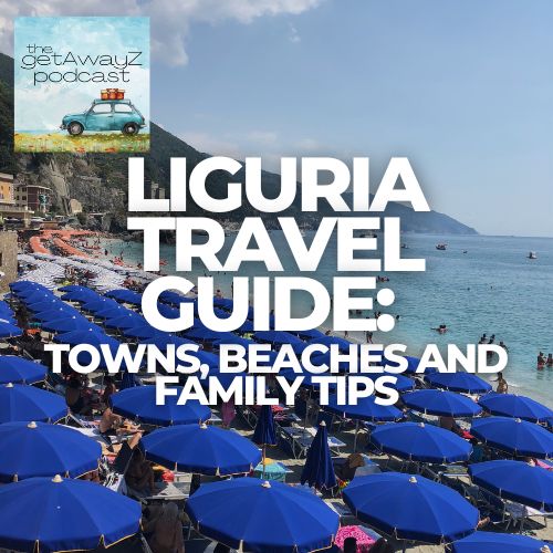 Square cover graphic for Liguria travel podcast with coastal Italy photo and podcast logo.