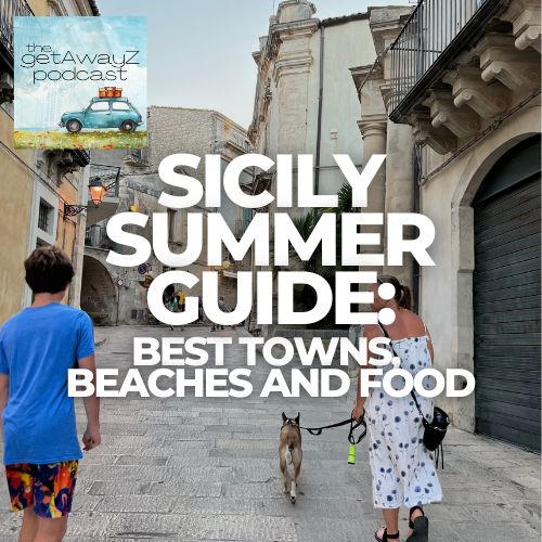 Square cover graphic for Sicily travel podcast with coastal photo and podcast logo.