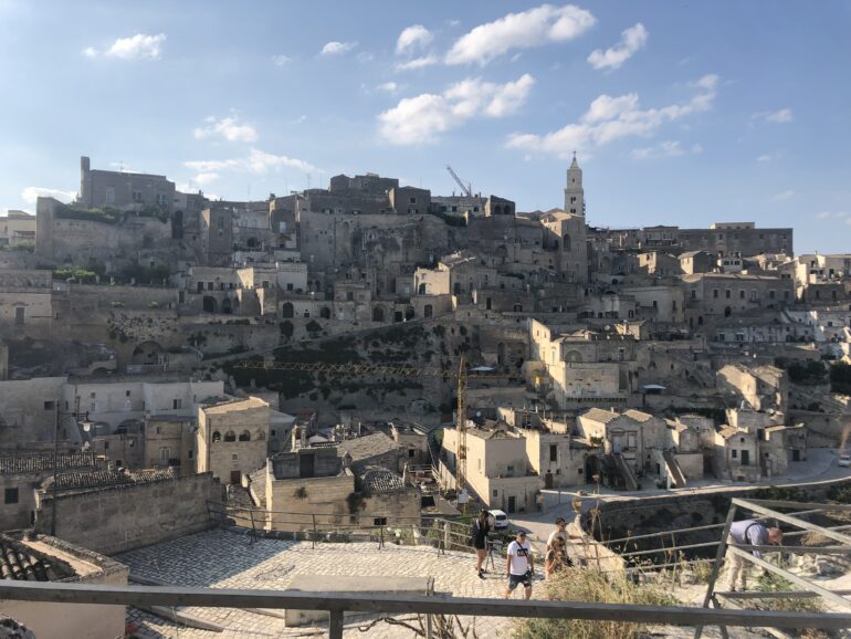 View of the layered cave dwellings in Matera Italy Sassi district