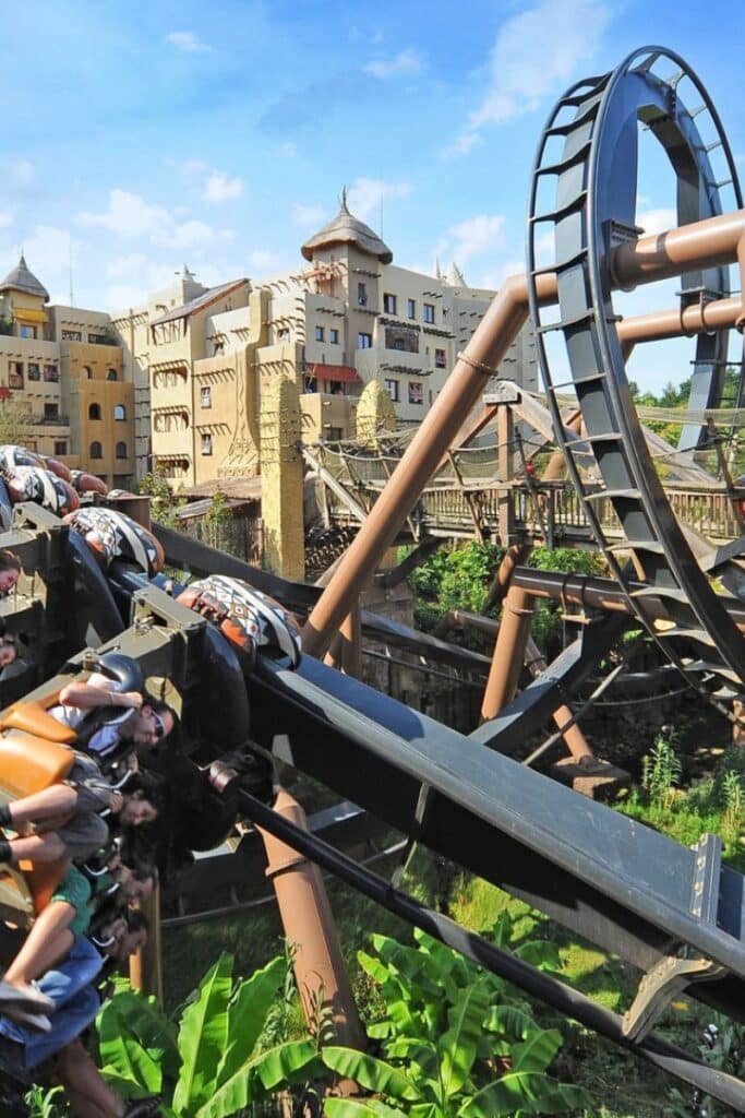 The Klugheim themed area at Phantasialand near Cologne Germany, with Taron roller coaster track winding through the Nordic village setting