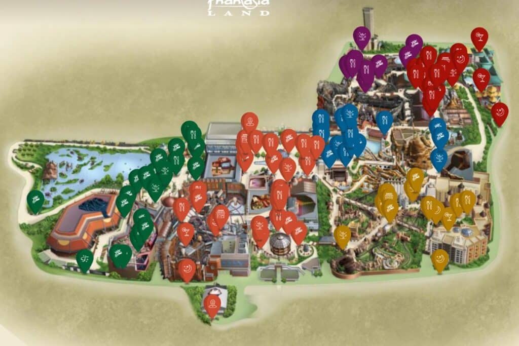 The official Phantasialand park map showing all themed areas, roller coasters, restaurants and facilities across the compact park near Brühl Germany