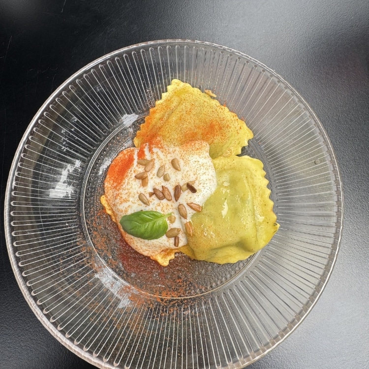 Spinach and cheese ravioli with pecorino foam at Zuid, Eindhoven wine walk