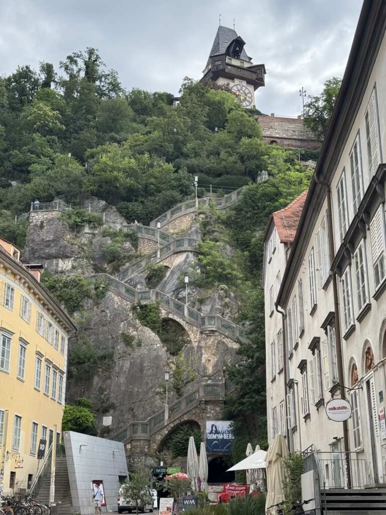 Stone staircases leading up to the Schlossberg Clock Tower in Graz Austria