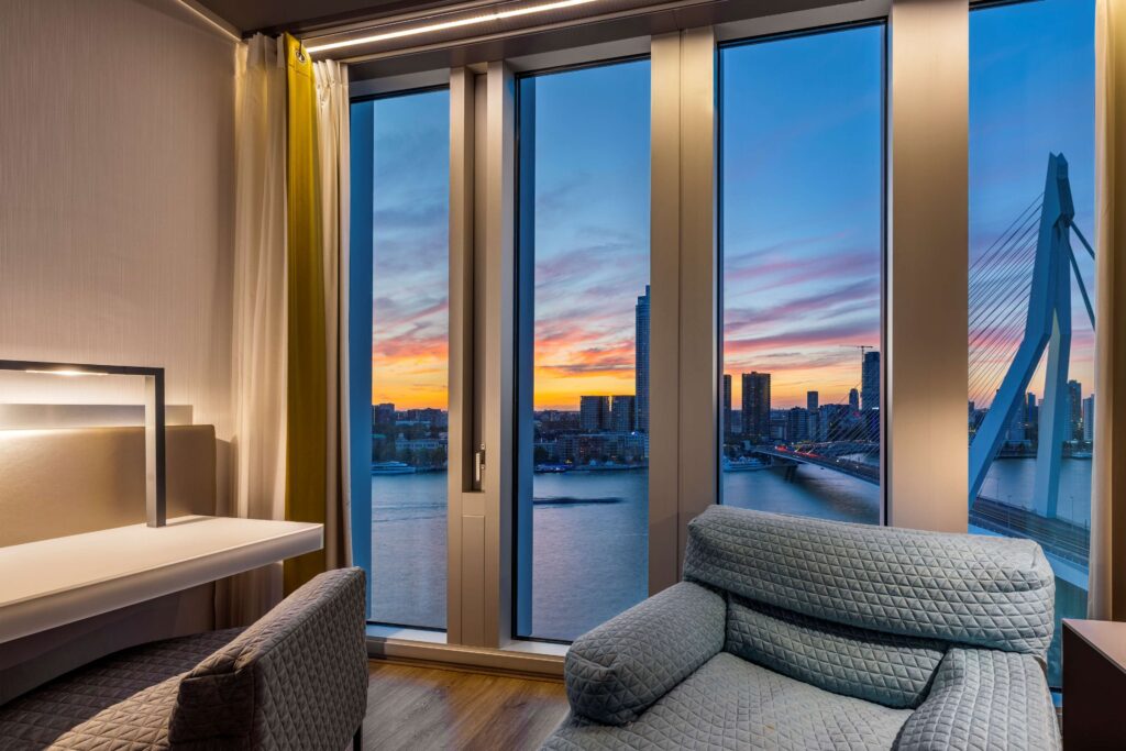 Hotel room at nhow Rotterdam with views of the Erasmus Bridge