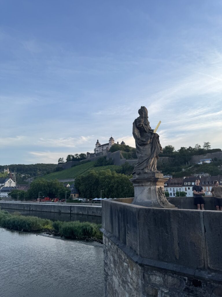 View along the Old Main Bridge in Würzburg with its Baroque statues
