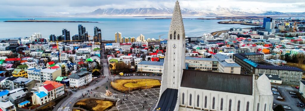 Aerial view of Reykjavik with Hallgrímskirkja and the waterfront