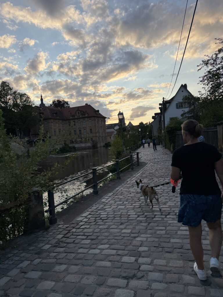 Lisa walking Rex along a cobblestone riverside path in Bamberg at sunset