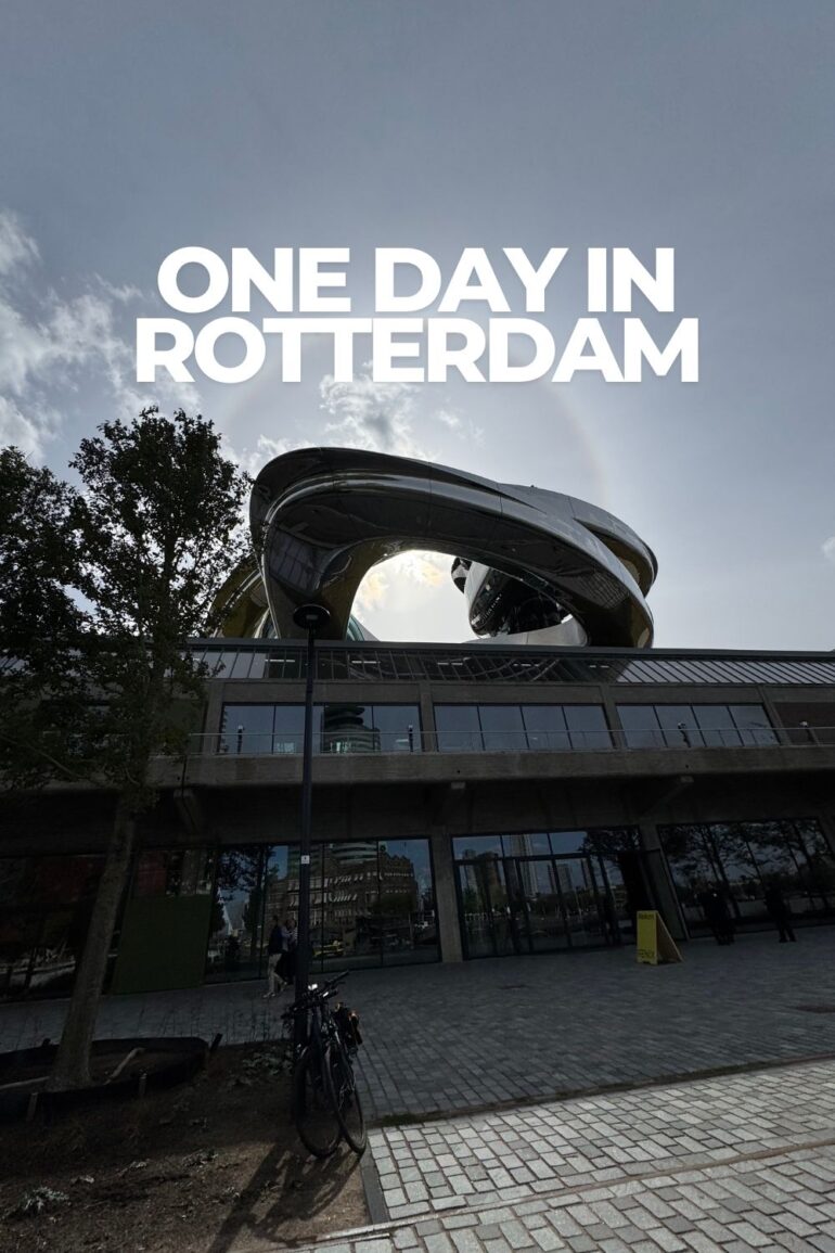 Fenix Museum in Rotterdam on a sunny day with a rainbow overhead