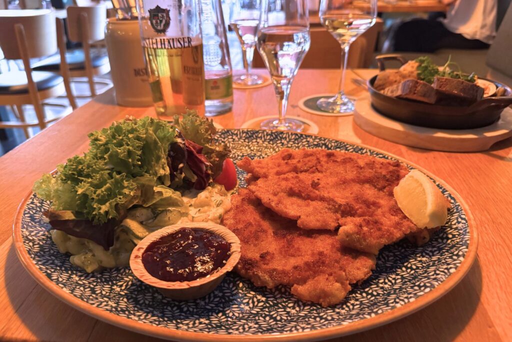 Schnitzel with salad and lingonberry sauce at Wirtshaus am Dom in Würzburg
