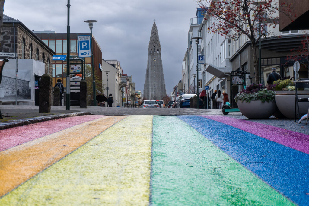 Rainbow-painted Skólavörðustígur street leading toward Hallgrímskirkja in Reykj