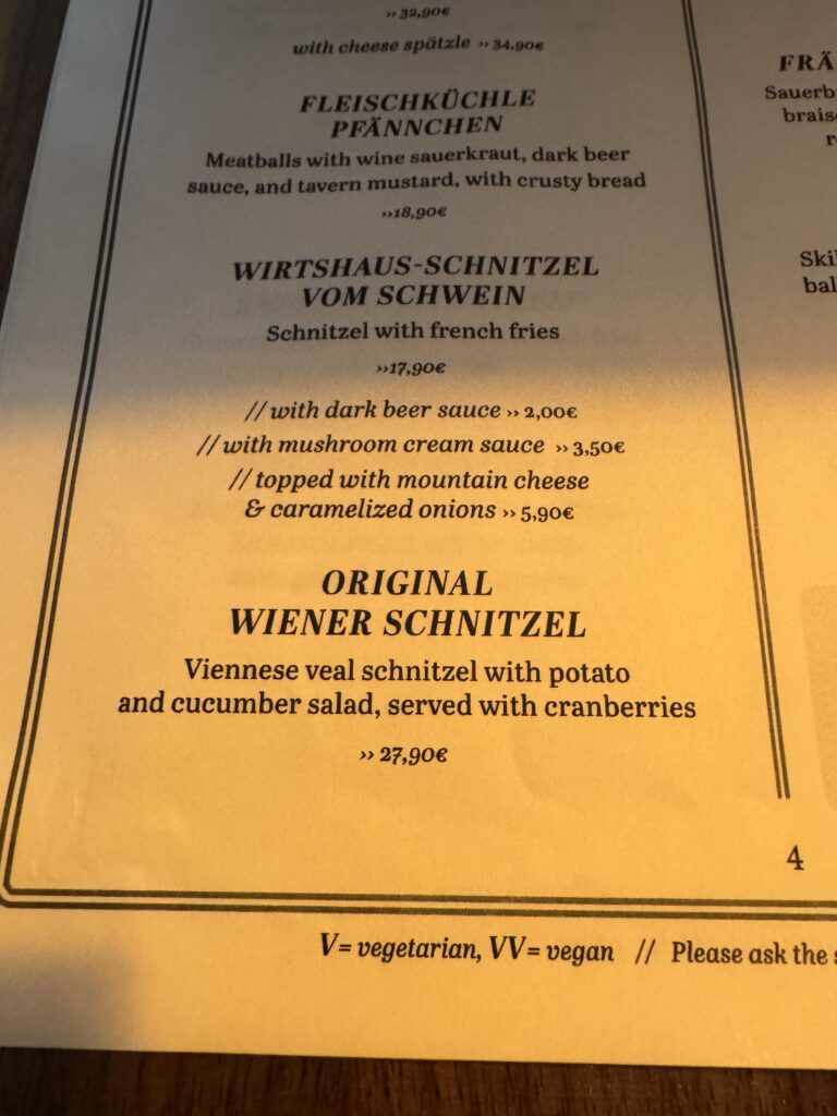 Menu at Wirtshaus am Dom restaurant in Würzburg, Germany