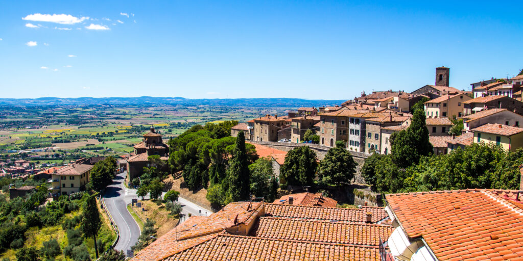 Panoramic view of Cortona, Tuscany overlooking the Val di Chiana valley