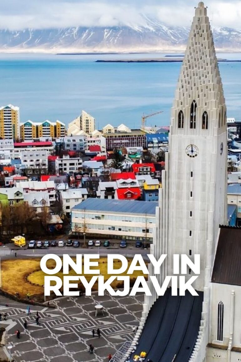 Aerial view of Reykjavik with Hallgrímskirkja, colorful rooftops and the waterfront