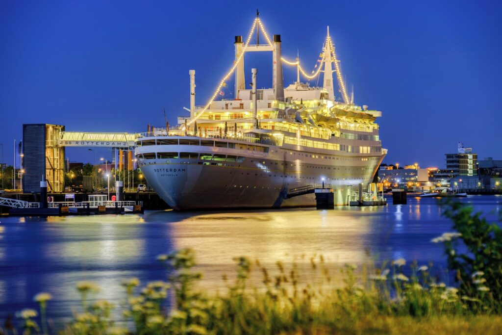 ss Rotterdam hotel ship illuminated at night in Rotterdam