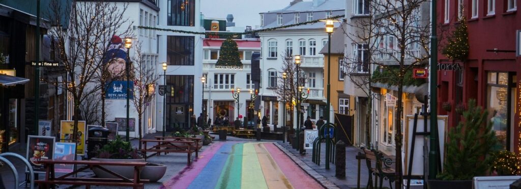 Rainbow-painted Skólavörðustígur street in central Reykjavik