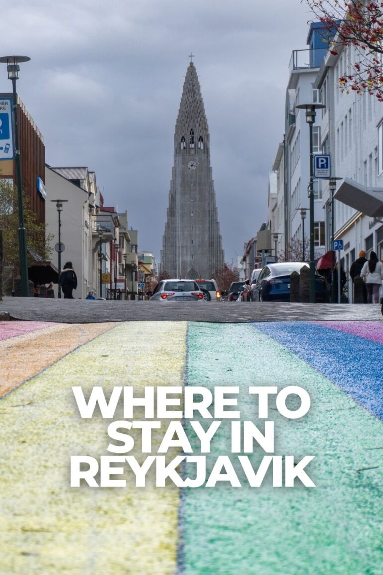 Rainbow-painted Skólavörðustígur street with Hallgrímskirkja in Reykjavik, Iceland