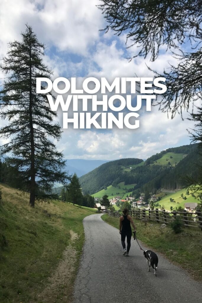 Woman walking a dog on an easy mountain path overlooking a valley in the Dolomites