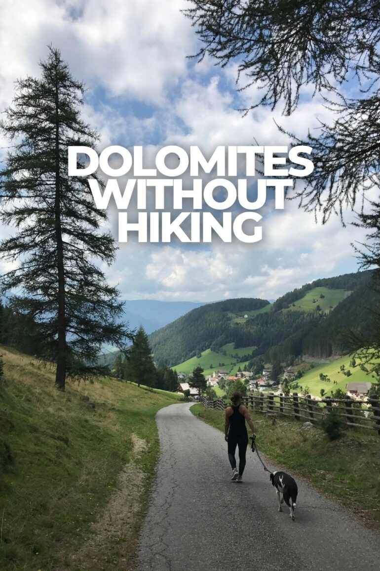 Woman walking a dog on an easy mountain path overlooking a valley in the Dolomites
