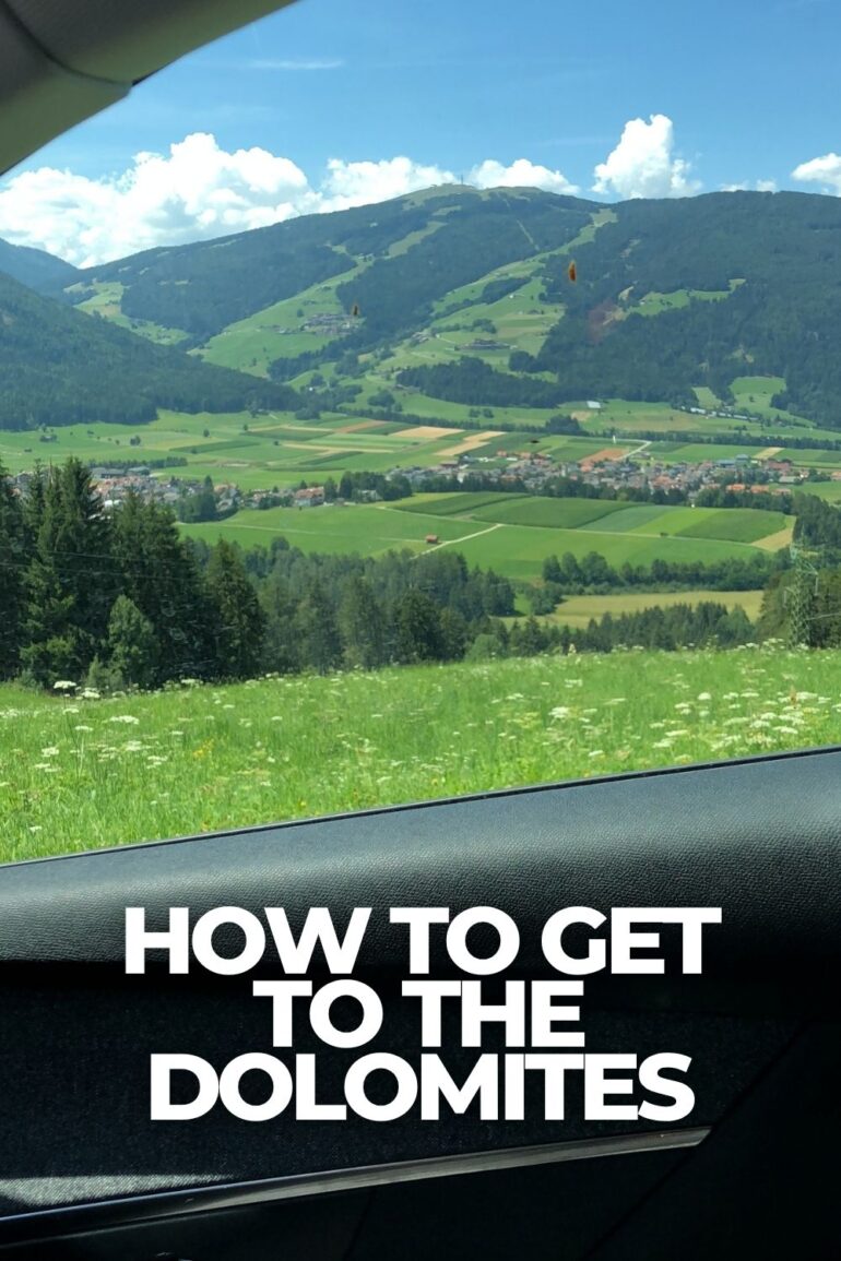 View of the Dolomites from a car driving through South Tyrol, Italy