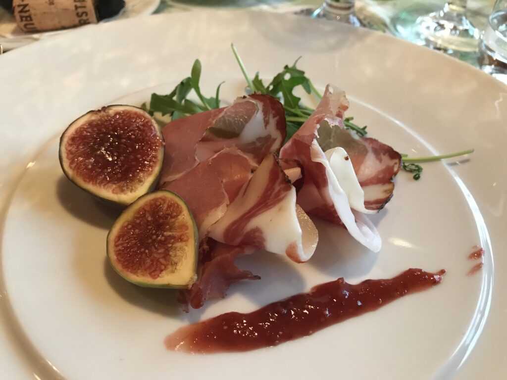 South Tyrolean speck with fresh figs served during dinner at Berghotel Zirm