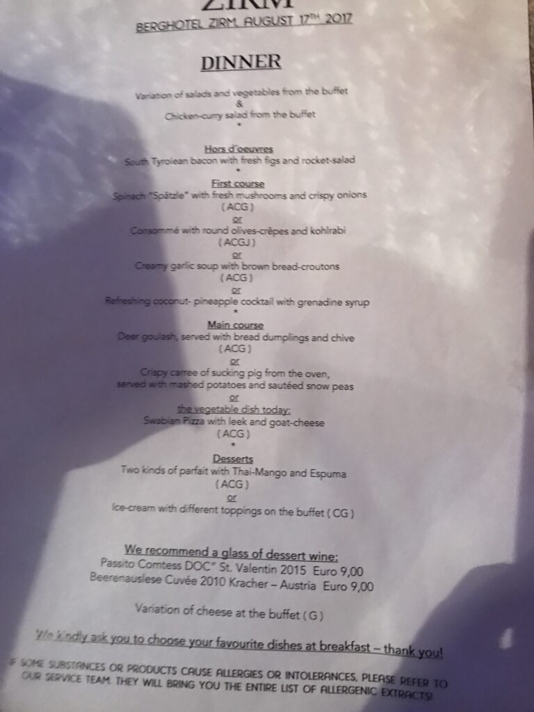 alf board dinner menu at Berghotel Zirm in South Tyrol with multiple courses and main course choices