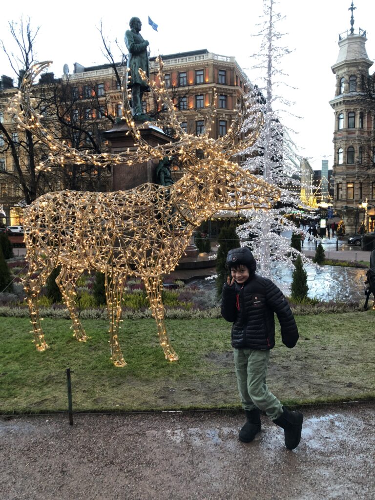 Christmas lights and illuminated reindeer in Esplanadi park in Helsinki