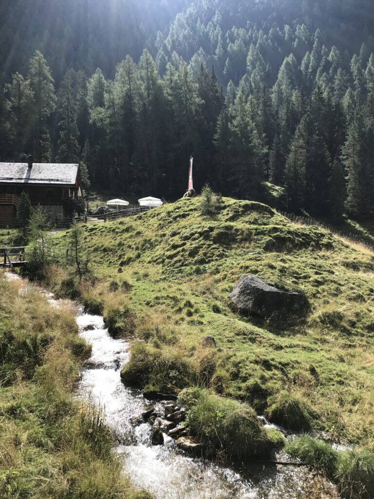 Mountain stream flowing through a green alpine meadow in the Dolomites
