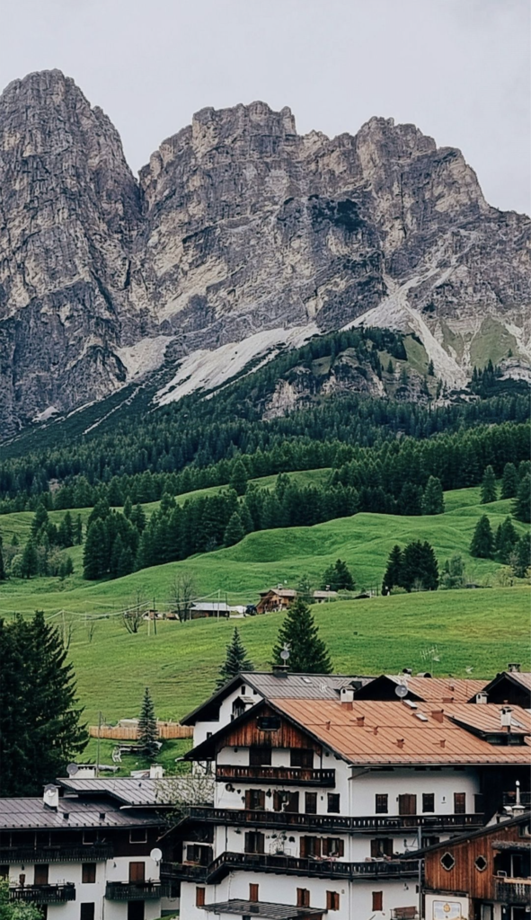 Cortina d'Ampezzo surrounded by the peaks of the eastern Dolomites