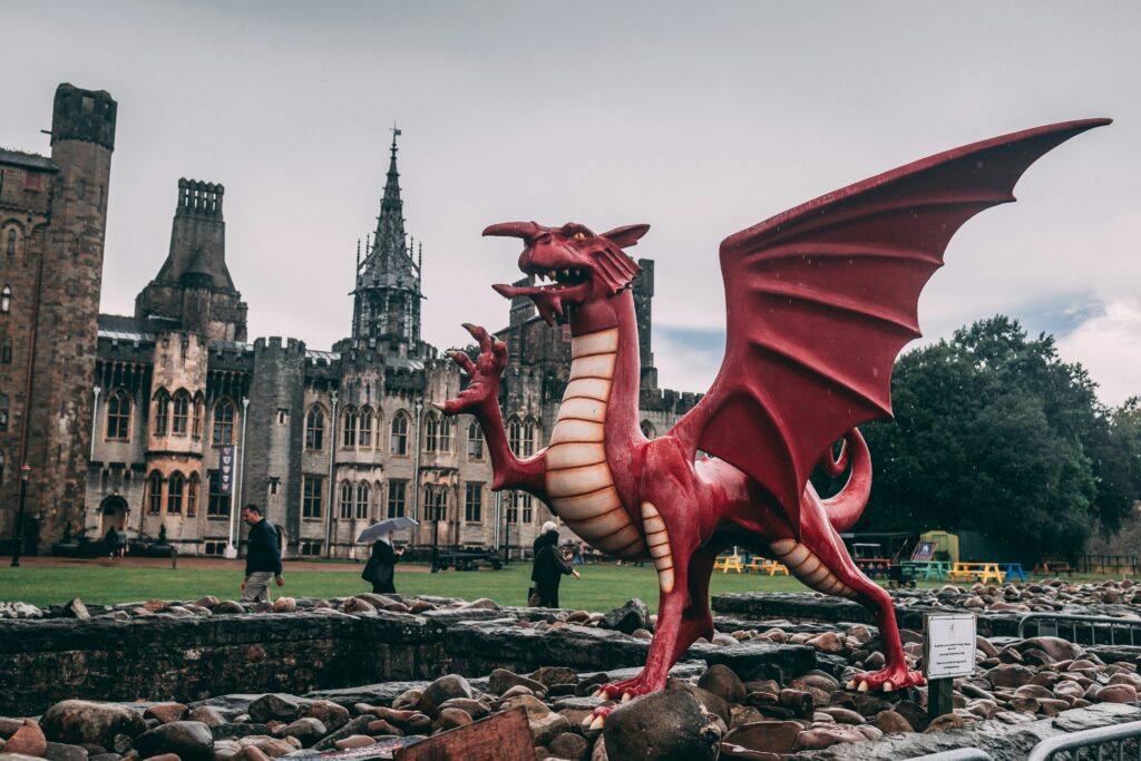 Red Welsh dragon in front of Cardiff Castle in Cardiff, Wales