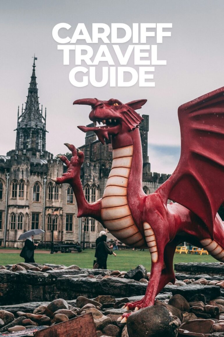 Red Welsh dragon in front of Cardiff Castle in Cardiff, Wales