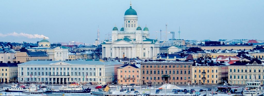 Helsinki Cathedral and city skyline in winter