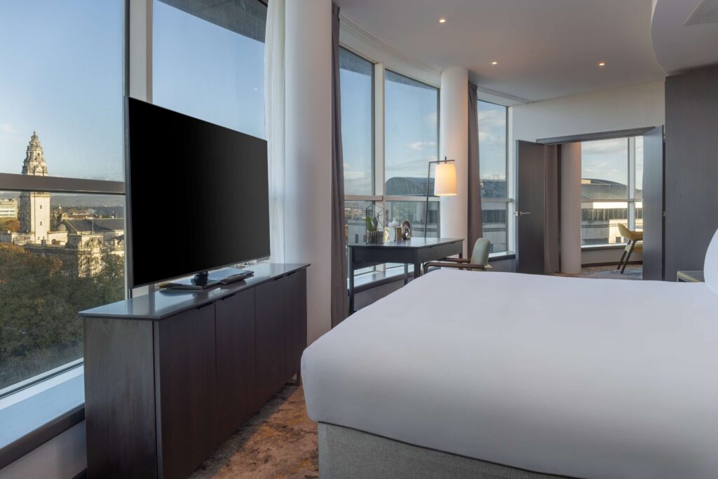Guest room at Hilton Cardiff with views over the city