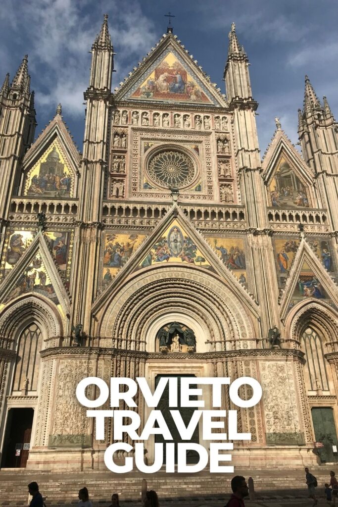 Orvieto Cathedral facade in Umbria Italy with Orvieto Travel Guide text overlay