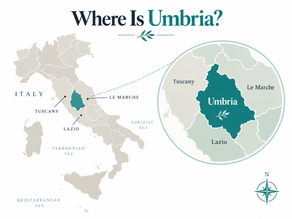 Map of Italy highlighting Umbria between Tuscany, Lazio and Le Marche