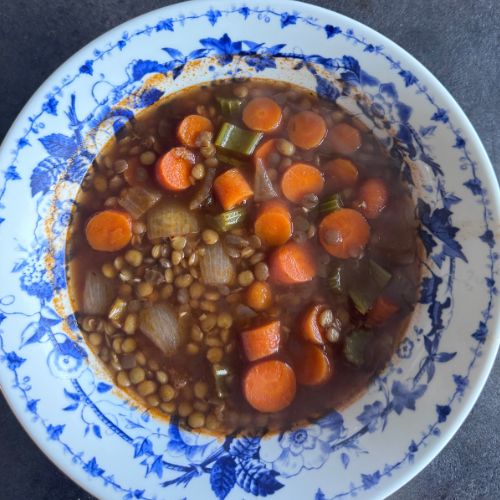 Bowl of Umbrian lentil soup with lentils, carrots, celery and onion