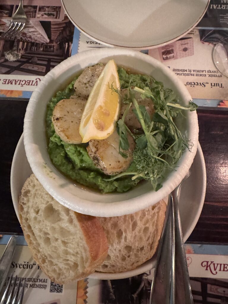 Seared scallops on green pea purée with lemon at Bernelių Užeiga on Pilies Street in Vilnius