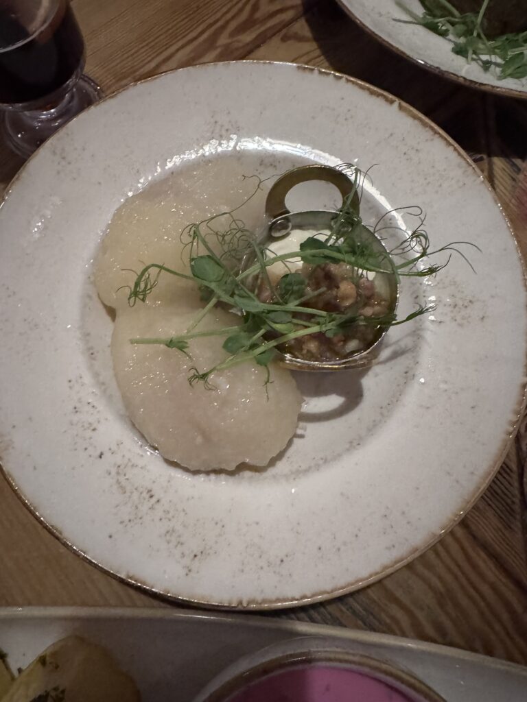 Meat-filled cepelinai potato dumplings with sour cream and bacon crackling at Etno Dvaras in Vilnius