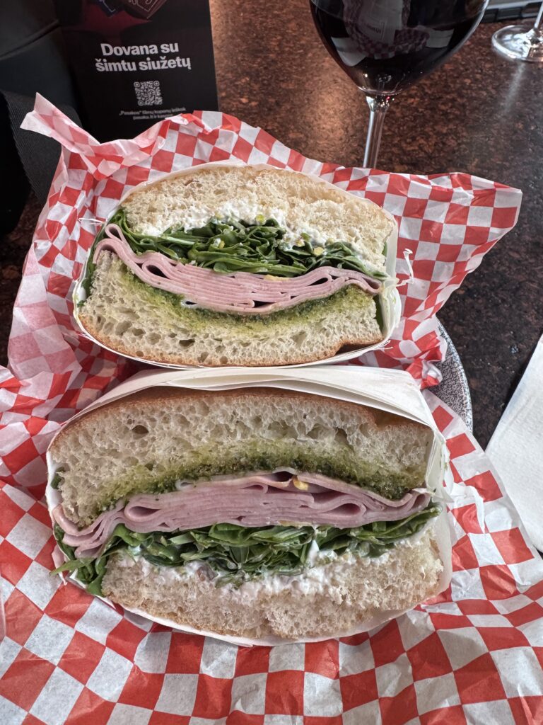 Focaccia filled with mortadella, stracciatella and pistachio pesto from Mamma Rosa at Paupys Market in Vilnius