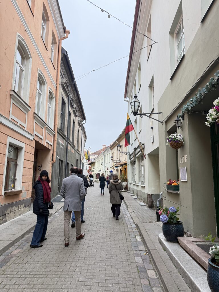Visitors exploring a narrow cobblestone street lined with historic buildings during a Vilnius Old Town walking tour